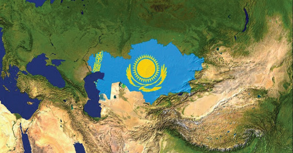 Satellite image of Kazakhstan with the country's flag covering it