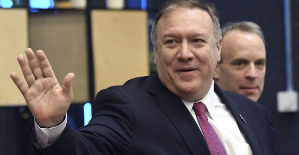 U.S. Secretary of State Mike Pompeo, foreground and Britain's Foreign Secretary Dominic Raab visit Epic Games Lab, in London, Thursday, Jan. 30, 2020.  Pompeo is in London on the cusp of Britain's departure from the European Union for talks focused on a post-Brexit free trade deal and the U.K.'s decision to allow the Chinese tech company Huawei to play a role in the country's high-speed wireless network. (Stefan Rousseau/Pool Photo via AP)