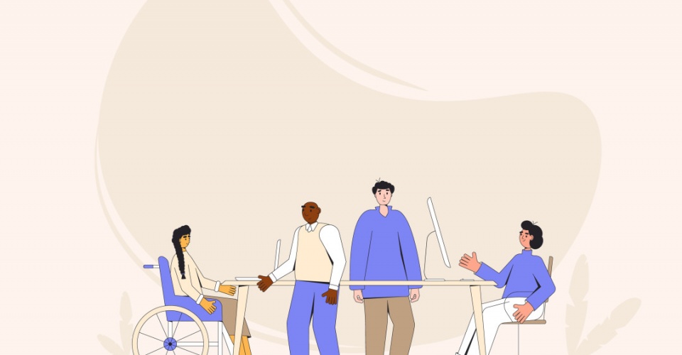 Diverse group of professionals working together on a project. teamwork people. Inclusion at the office. Coworkers talking at  business meeting. Vector illustration.